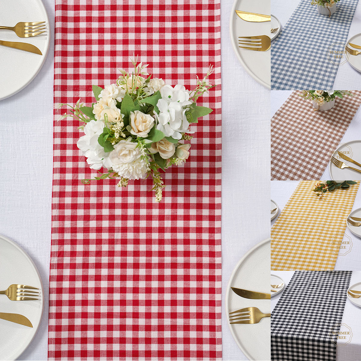 Christmas Table Runner - Taplak Meja Katun Motif Kotak-kotak Rustic,