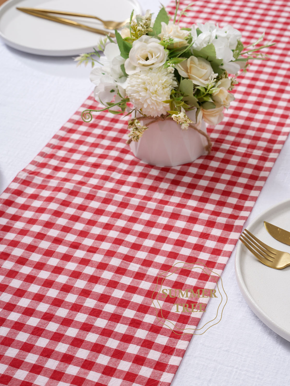 Taplak Meja Katun Motif Kotak- - Christmas Table Runner ulasan dan harga